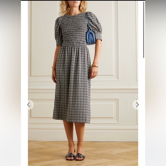 GANNI Stretch Seersucker Smocked Maxi Dress - Picture 1 of 11